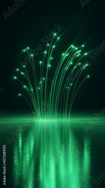 Obraz Green light streaks emerge from still water, creating a futuristic, mirrored scene