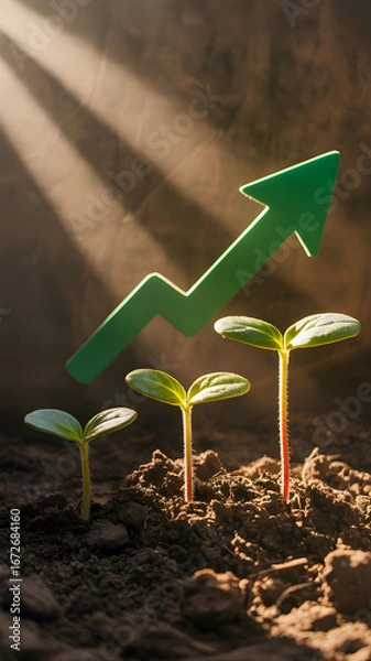 Obraz Sunlight shines on sprouts in soil as a green arrow points upwards