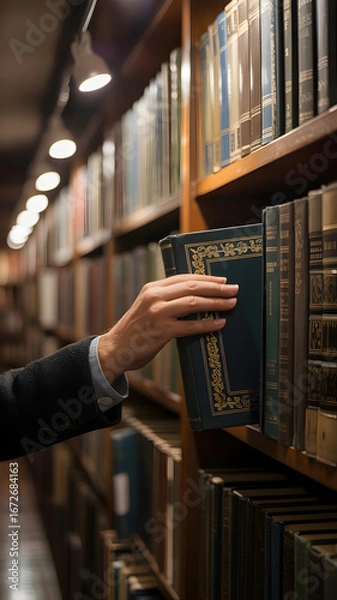 Obraz Hand pulling a book from a shelf in a library