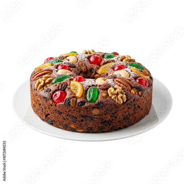 Fototapeta Festive fruitcake is sitting on a plate, decorated with nuts, candied fruit, and powdered sugar.