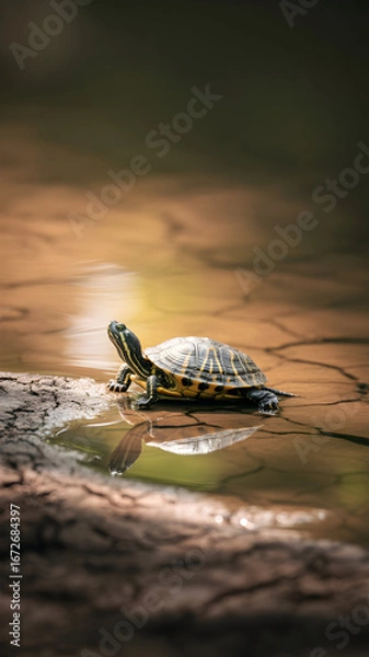 Obraz Turtle sitting on cracked earth, reflected in a puddle