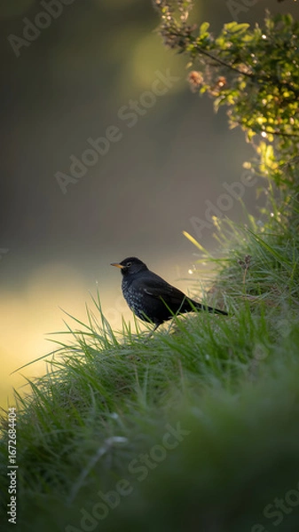 Obraz Black bird standing in tall green grass against a blurred background