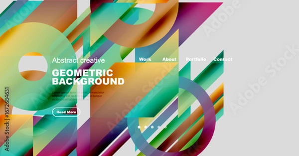 Fototapeta Vibrant abstract design. Geometric shapes overlap, creating dynamic colorful background. Text elements present portfolio information.