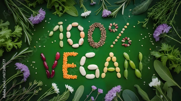 Fototapeta Healthy Organic Vegetables Flat Lay with Vegan Text Created from Lentils and Grains in Natural Lighting