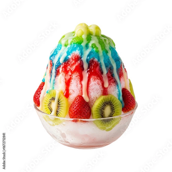 Fototapeta Shaved ice dessert is topped with colorful syrups and fresh fruit inside a glass bowl.