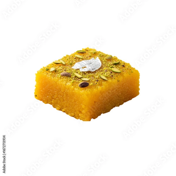 Fototapeta Square barfi dessert sits with nuts and silver leaf on top against a isolated background.