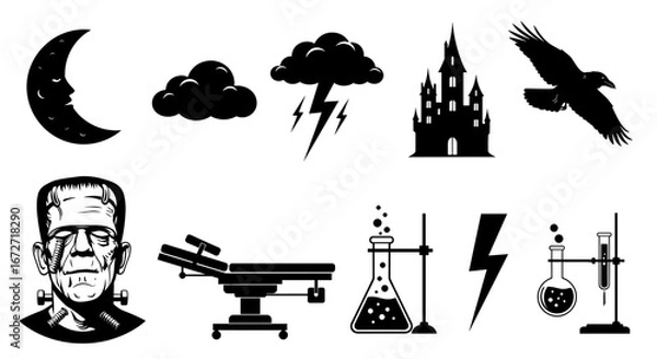 Fototapeta Halloween themed set of vector elements. Featuring silhouette of moon, cloud, thunder, castle, bird, monster, lab and thunderbolt symbols. 