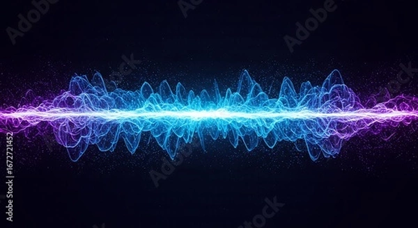 Fototapeta Waves of blue and purple light, representing 5G signals, emanate from a central point and expand against a dark, digital background.