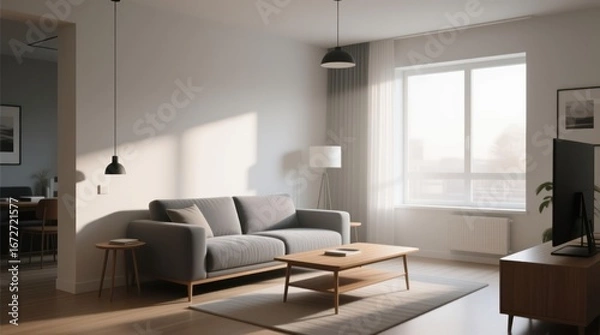 Obraz Light-filled modern living room, featuring a gray sofa, wooden coffee table, and a view through a large window