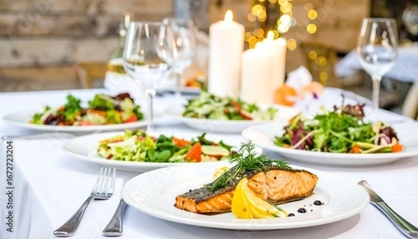 Fototapeta A well-set table outdoors showcases a delicious grilled salmon dish alongside assorted fresh salads, creating a warm and inviting dining experience.