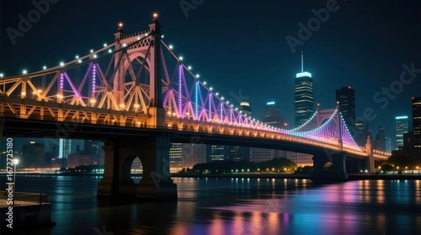 Fototapeta Night view of a brightly lit suspension bridge spanning a river, with city skyline in the background