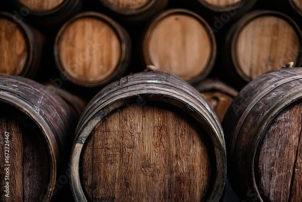 Fototapeta Oak wine barrels stacked inside a winery cellar aging, creating a captivating image for wine enthusiasts