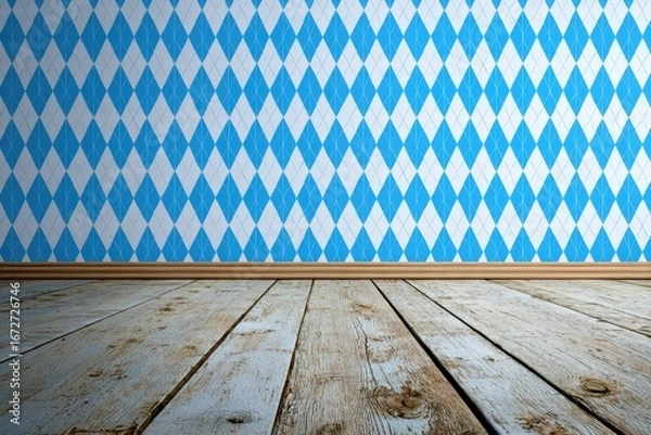 Fototapeta Empty room with bavarian oktoberfest decoration and wooden floor, perfect for backgrounds and product placement