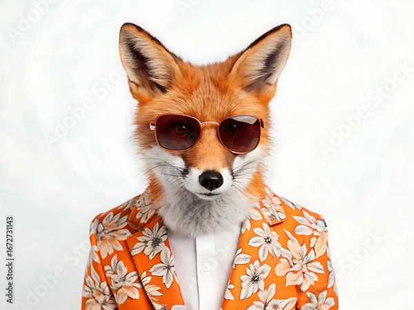 Fototapeta A fox wearing sunglasses and a floral blazer against a plain white studio background portrait style
