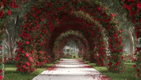 Fototapeta A pathway lined with vibrant red roses, creating a romantic archway