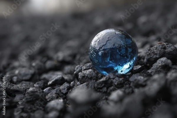 Fototapeta A translucent blue sphere rests on a bed of dark gray rocks