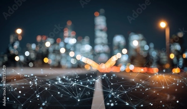 Fototapeta Blurry cityscape at night with digital network overlay (1)