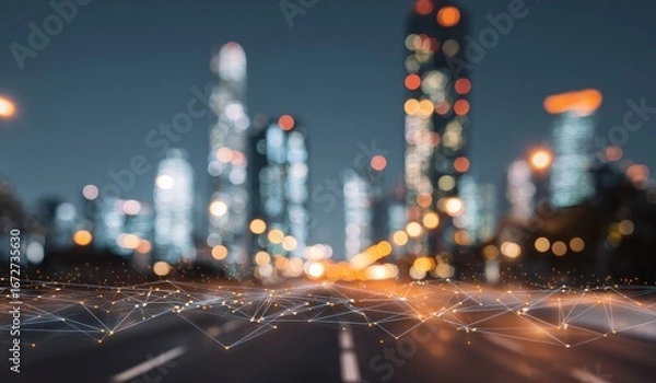 Fototapeta Night cityscape with interconnected network overlay