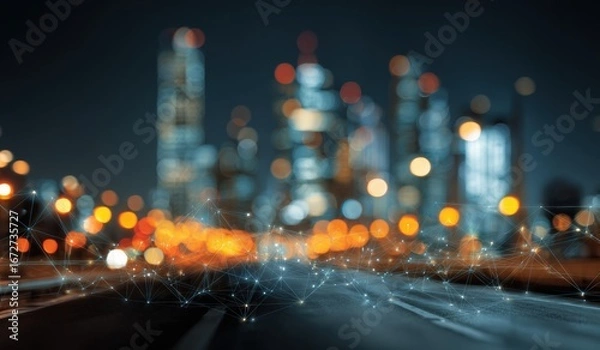 Fototapeta Blurry cityscape at night with interconnected network (1)
