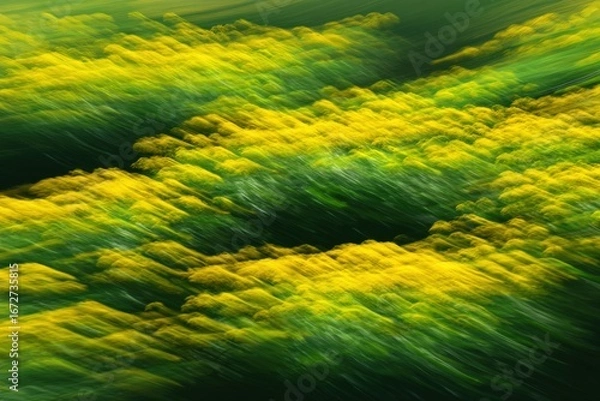 Fototapeta Abstract field of vibrant yellow and green flowers, blurred motion