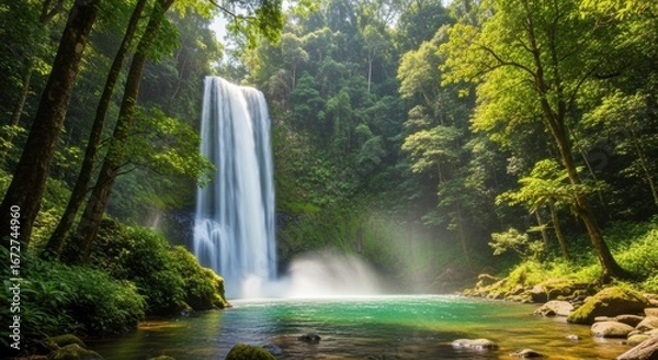 Fototapeta Lush jungle waterfall cascades into vibrant turquoise pool surrounded by dense green foliage and sunlight