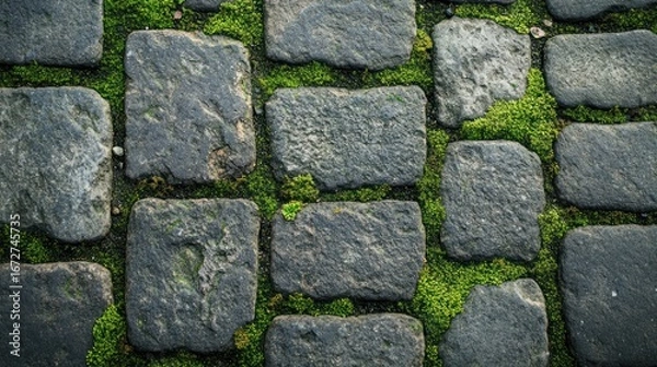 Fototapeta Close-up view of a cobblestone path with vibrant green moss growing between the stones.
