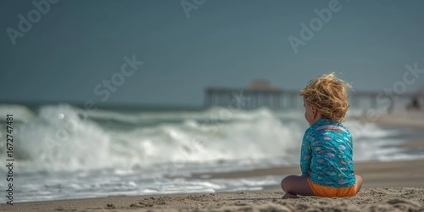 Fototapeta Child sitting on sandy beach watching ocean waves roll in during a sunny day near a pier