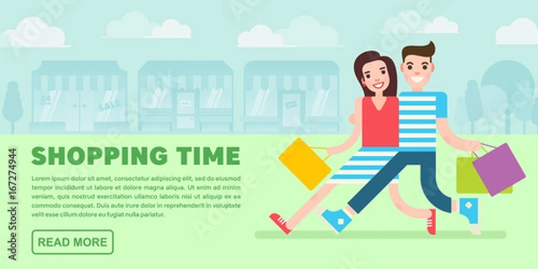 Obraz People shopping in a front of the set of the shops, restaurants and stores facade. Couple walking.