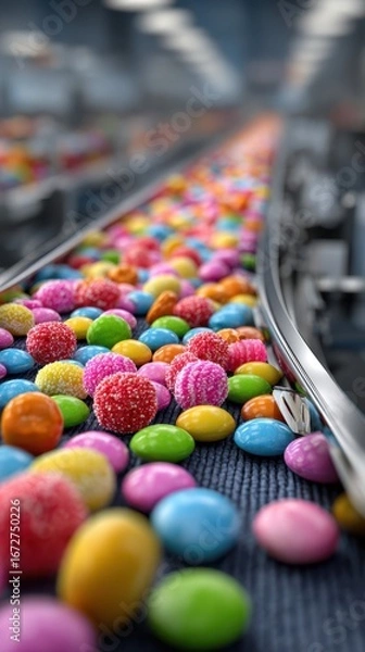 Fototapeta Conveyor belt filled with colorful candy during busy production in a candy factory