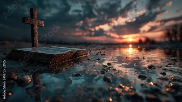 Fototapeta Reflection of faith at sunset with a cross and an open book near water
