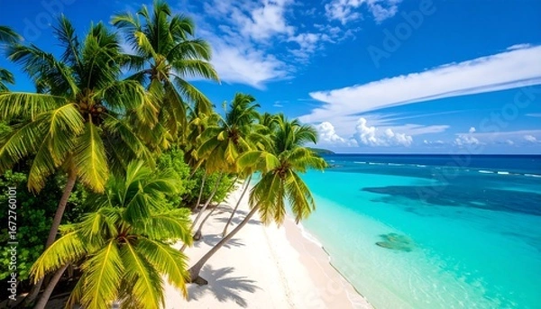 Fototapeta Idyllic tropical beach paradise with palm trees and turquoise ocean view