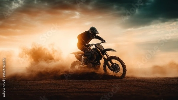 Obraz Dirt bike rider maneuvers through dusty terrain at sunset.  Dramatic lighting and motion blur capture the thrill
