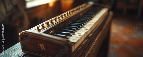 Fototapeta An artistic view of a harmonium on display, symbolizing music's cultural significance and heritage.