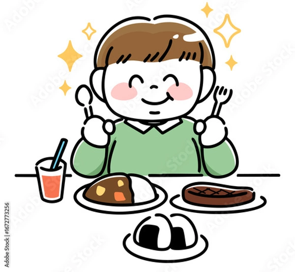 Obraz ごちそうに喜ぶ肥満体型の男の子