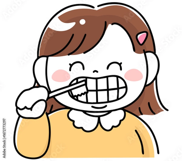 Obraz 笑顔で歯磨きする肥満体型の女の子