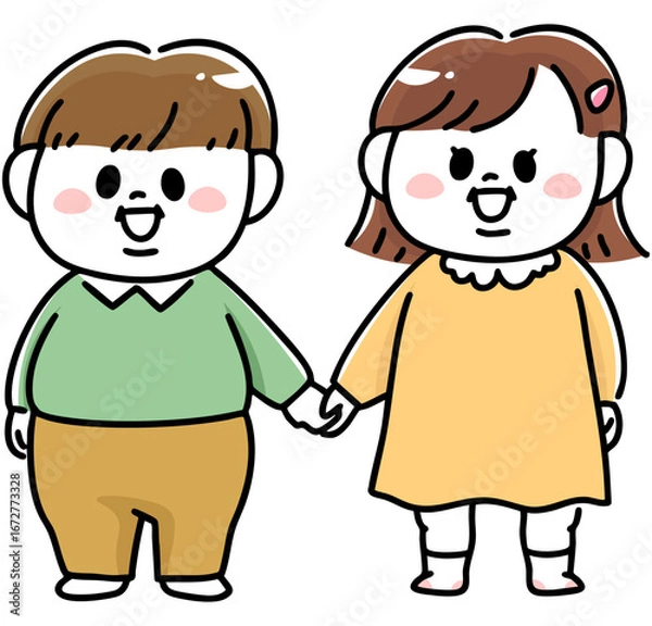 Obraz 手を繋いで立つ肥満体型の男の子と女の子