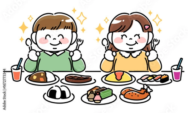 Obraz ごちそうに喜ぶ肥満体型の男の子と女の子