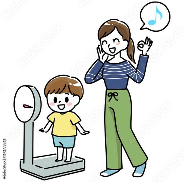 Obraz 笑顔で体重を測る男の子と母親