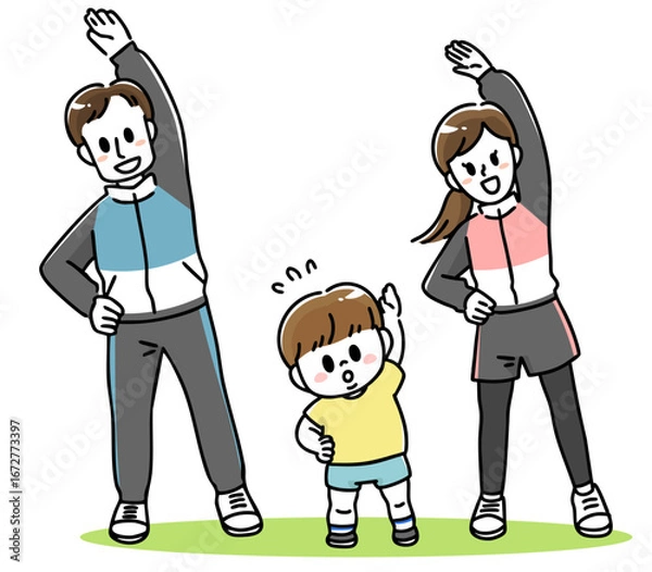 Obraz 笑顔で体操する家族