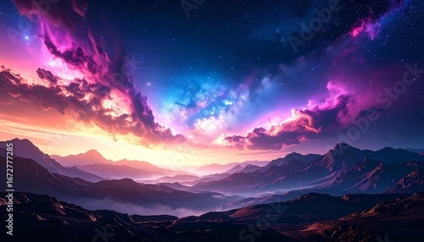 Fototapeta Colored Nebulae Flowing Over Horizon