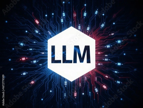 Fototapeta futuristic llm ai concept glowing within circuit network design | ai, technology, future, communication, innovation theme