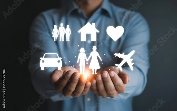 Obraz A businessman's cupped hands holding glowing digital icons for family, home, health, car, and travel, representing a comprehensive life insurance and asset protection concept