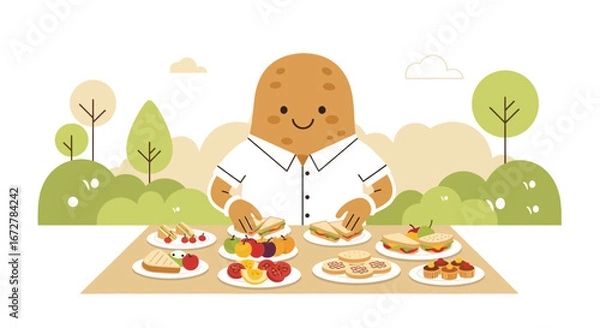 Fototapeta Whimsical Potato Person Presenting Colorful Food Display On A Picnic Table
