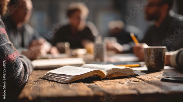 Fototapeta A group of friends actively discusses their thoughtsand insights while surrouned by open Bibles and noteooks on a wooden table durng a study session