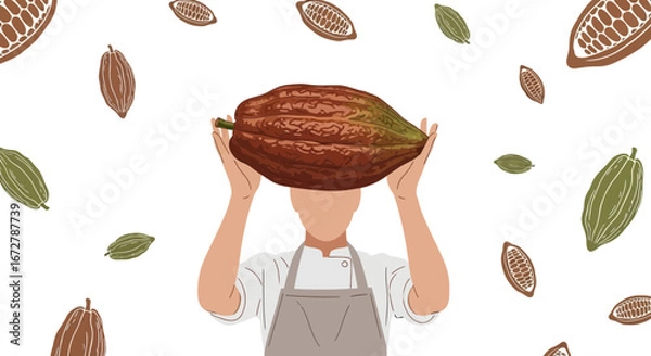 Obraz Chef Holding a Large Cacao Fruit, Illustration on a White Background, Chocolate Concept