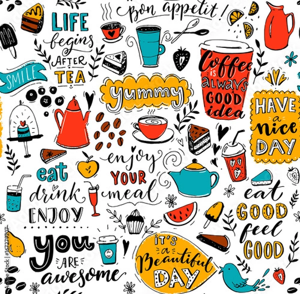 Obraz Cafe pattern with doodle tea pots, cups, inspirational quotes and desserts. Coffee is always a good idea. Eat good, feel good. Enjoy your meal. Seamless texture for menu design.