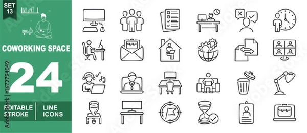 Fototapeta Coworking line icon set. Exclusive Coworking line icon collection. Containing monitor, people, checklist, desk, feedback, clock, person, email, house, gear, transfer, monitor, music. Editable stroke