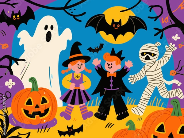 Fototapeta Retro and pop, simple Halloween illustration set. Cute. Simple. Halloween party. Event. Autumn. Pumpkin.
