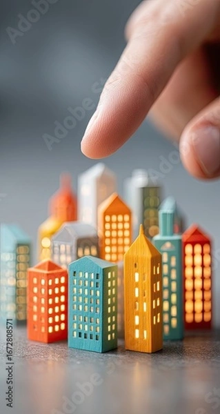 Obraz A finger points at a miniature city model