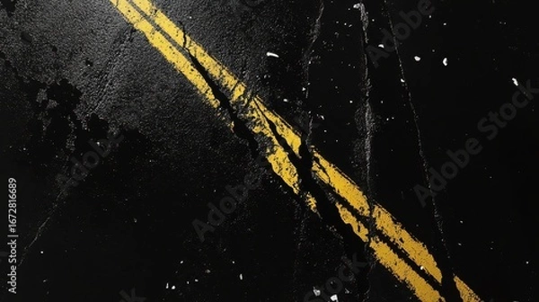 Fototapeta Cracked asphalt road surface with double yellow lines and white spots. Great for backgrounds, textures, or concepts of travel and infrastructure.